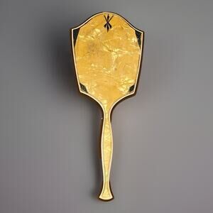 Vintage Celluloid Hand Held Vanity Mirror Yellow Marbled Black 12.5 " Art Deco